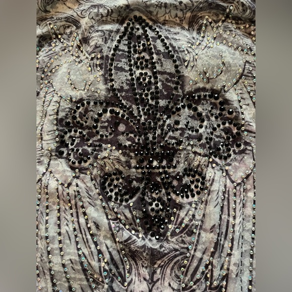 PARTY Sheer Women’s Fleur De Lis Rhinestone Burnout Long Sleeve Top Goth Concert - Picture 8 of 17